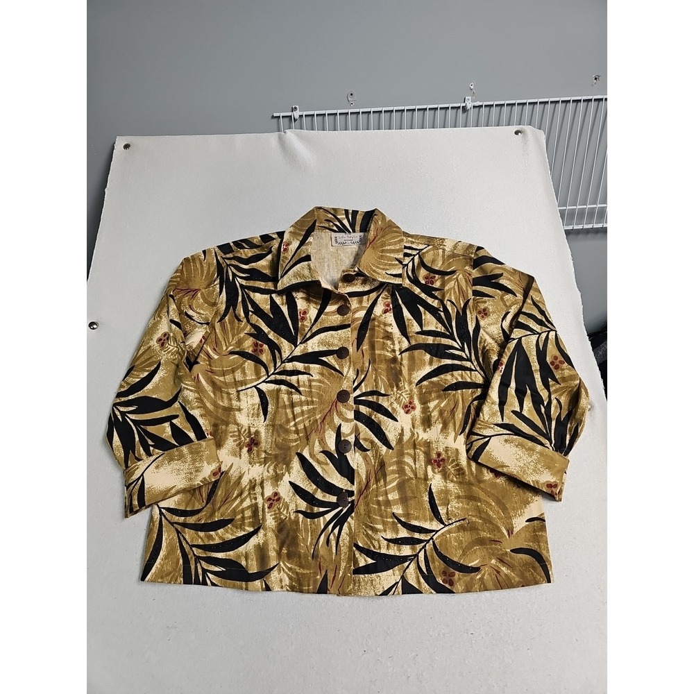 Life Style Woman 1X Cotton Tropical Leaf Beaded Button Front Shirt Tan Brown